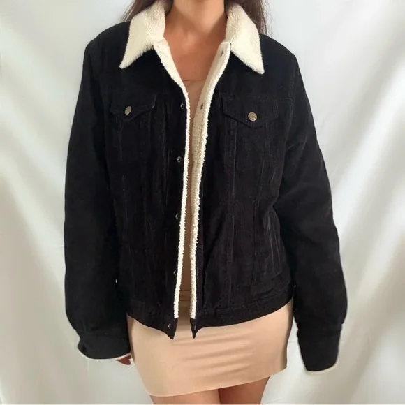 Vintage 90s black corduroy sherpa trimmed jacket fall winter large indie grunge - Picture 2 of 5